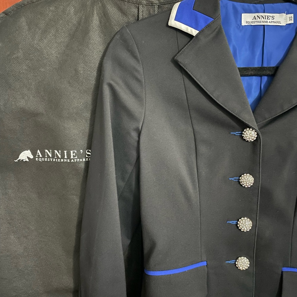 Annie’s Equestrian Black Show Coat with Royal Blue Accents - Woman’s Size XS